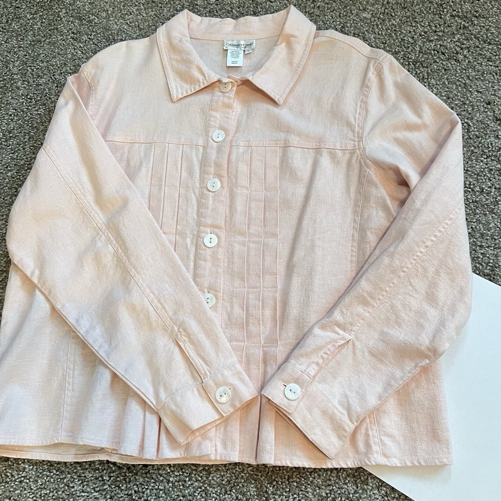 Linen Blend Button Up Shirt Sz L Pleated‎ Petal Pink Soft Girl Elevated Basic - Picture 10 of 13